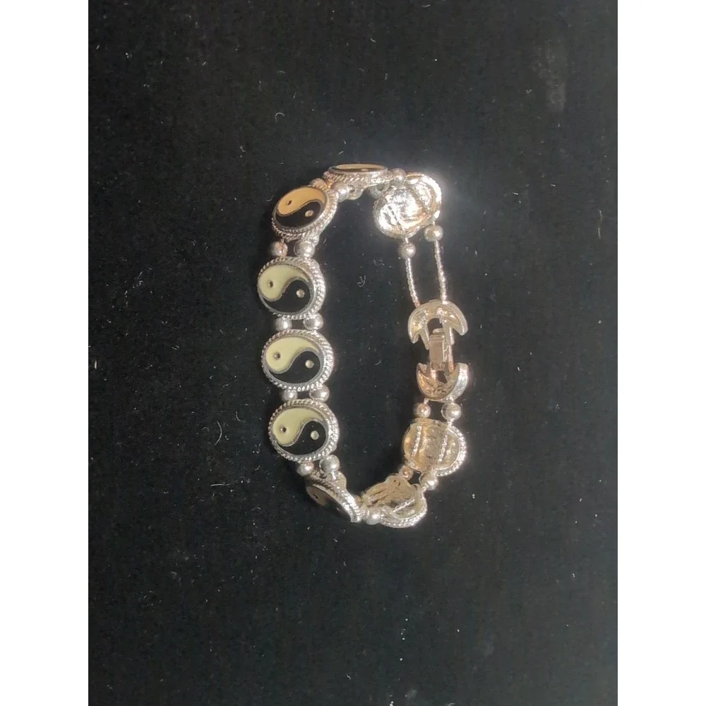 Ying Yang Charm Bracelet Silver Tone Enamel